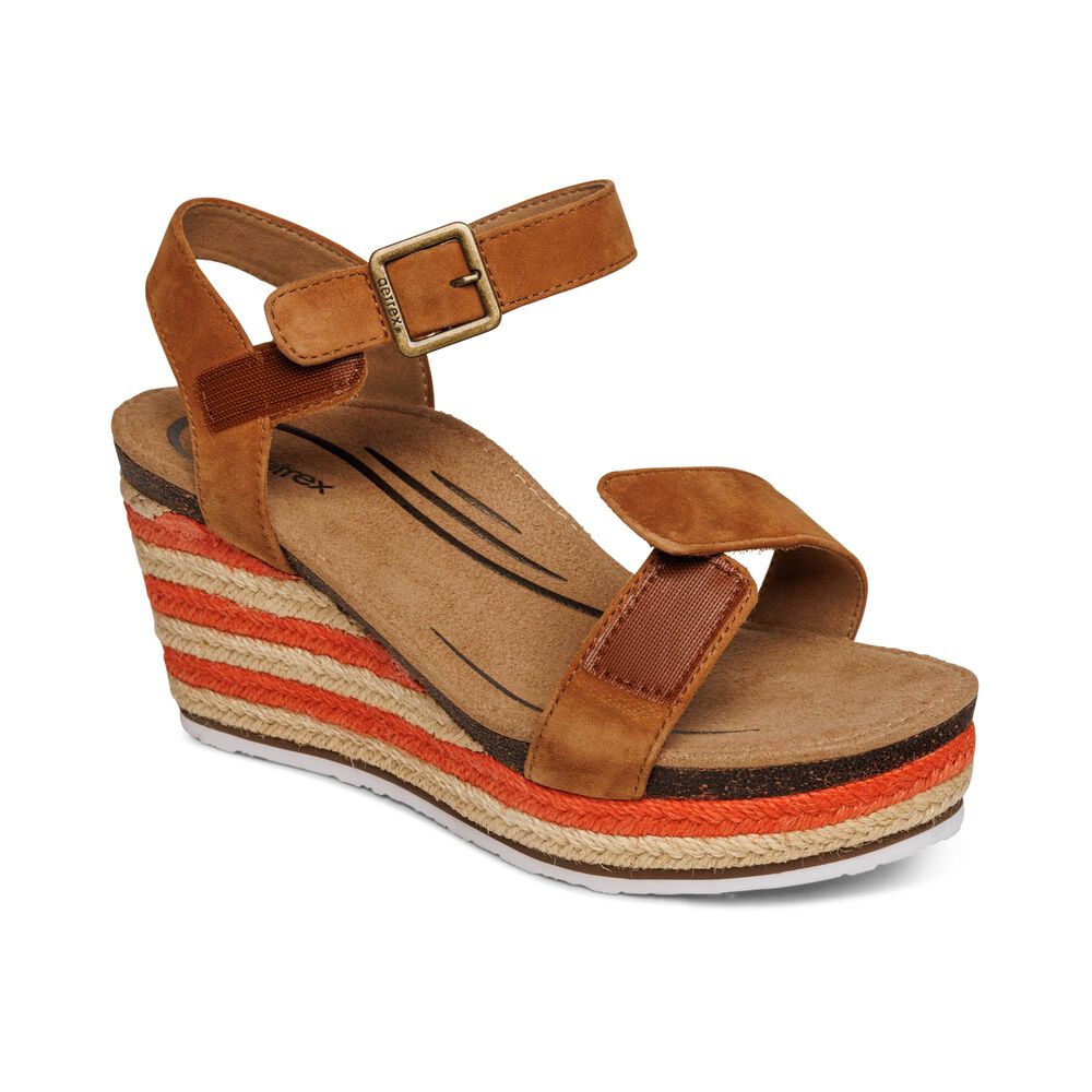 Aetrex Women's Sydney Quarter Strap Espadrille Wedge Sandals - Cognac | USA EU2RMG6